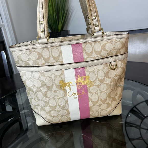 Coach Signature Chelsea Heritage Stripe Tote bag with pink and white stripes